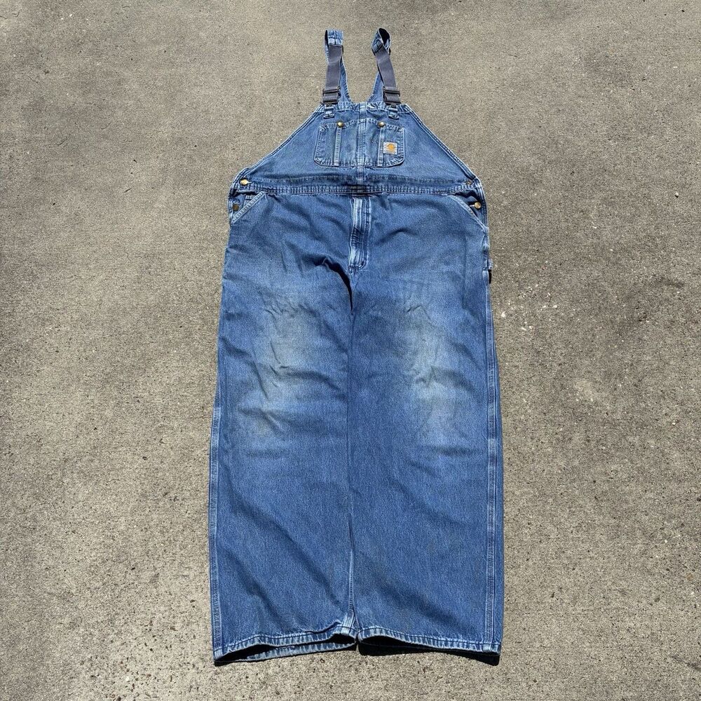 Vintage Men’s 48 x 29 Carhartt Denim Medium Wash Blue Jean Bib Overalls R07 DST